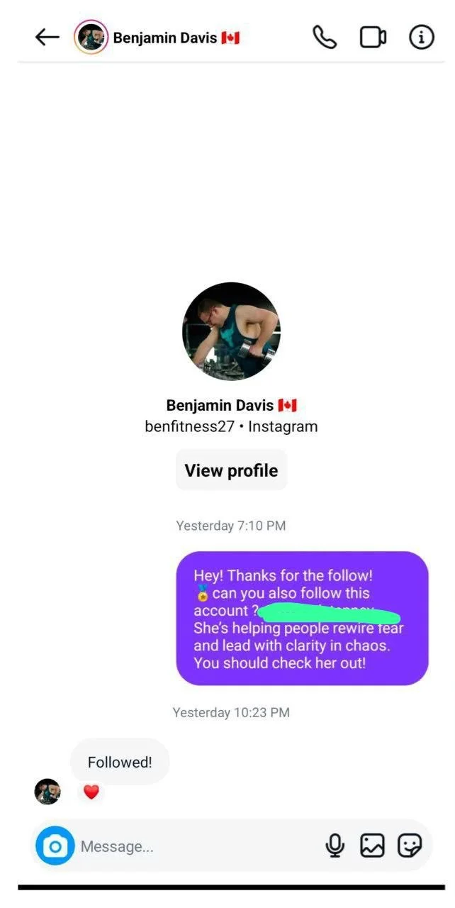 Instagram conversation showing a follower confirming they followed the introduced account