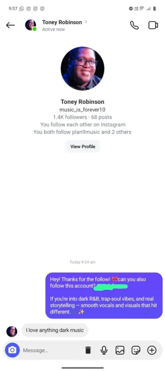 Instagram conversation showing interest after a music-focused welcome message