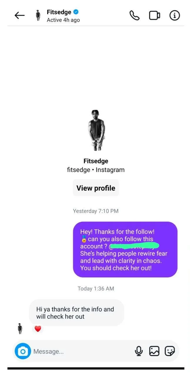 Instagram conversation showing a follower agreeing to check out the introduced account