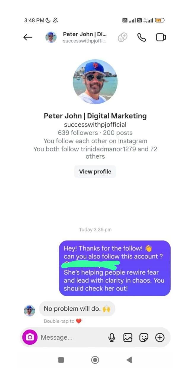 Instagram conversation showing a follower agreeing to follow the introduced account