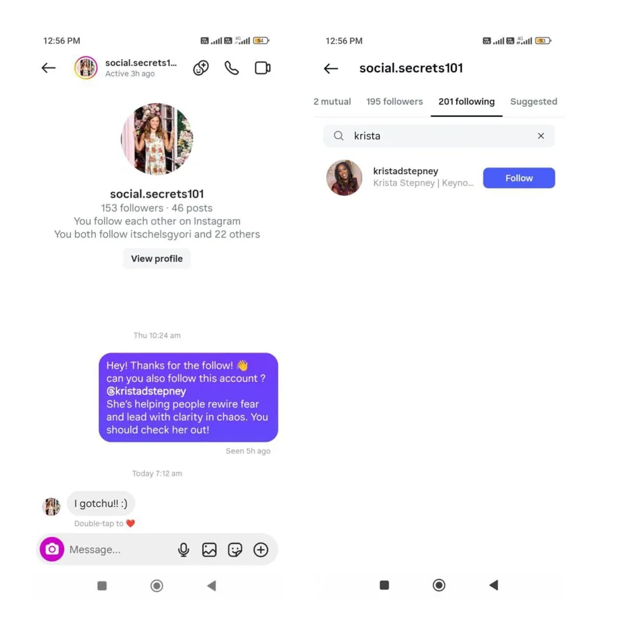Instagram welcome message and account-follow confirmation example