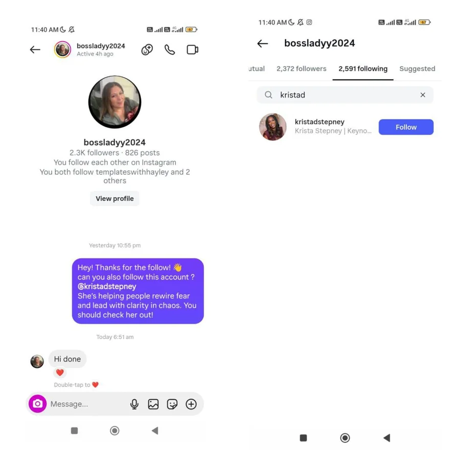 Instagram welcome message directing a follower to the campaign's main account