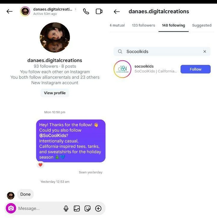 Instagram welcome message customized for a clothing brand campaign