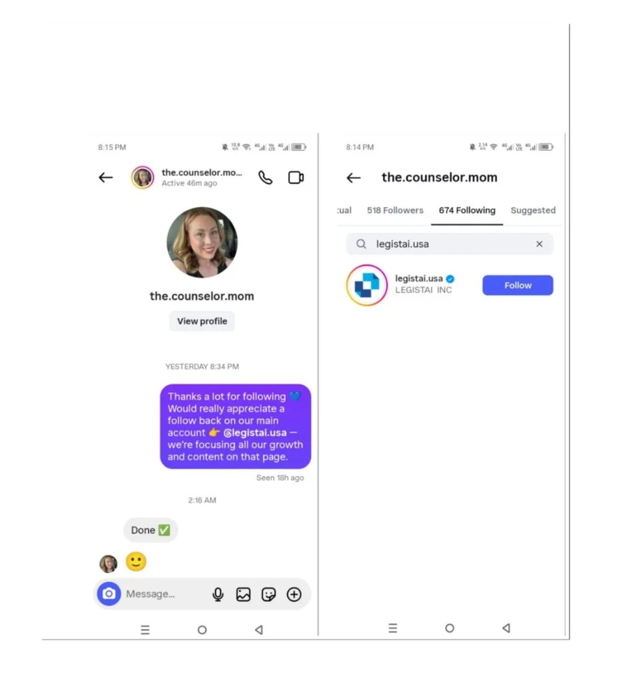 Instagram welcome message directing a follower to a verified business account