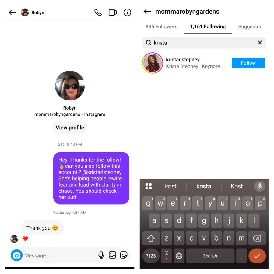Instagram welcome message and main-account introduction example