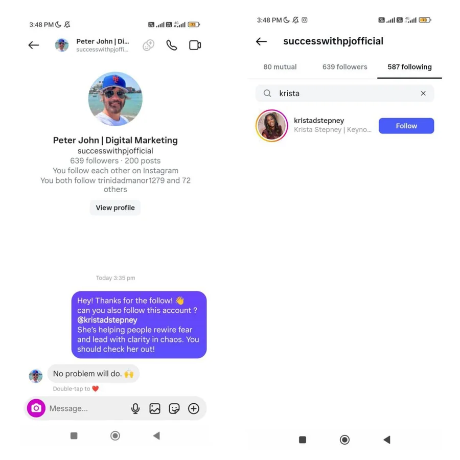 Instagram welcome message with a positive follower response and follow proof