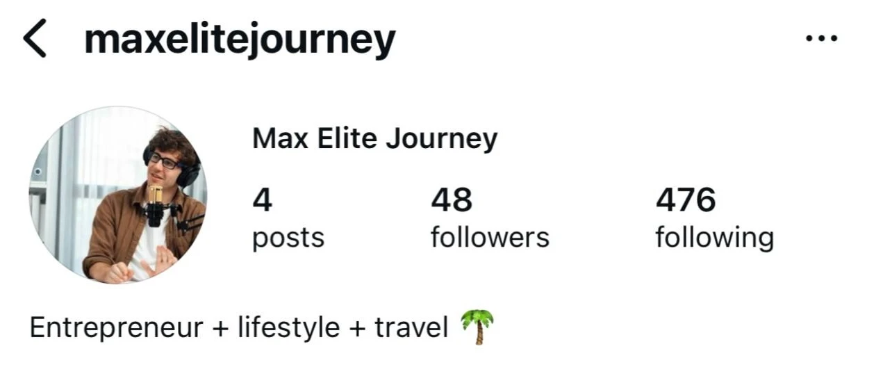 Instagram fan page example maxelitejourney with an entrepreneur, lifestyle, and travel theme